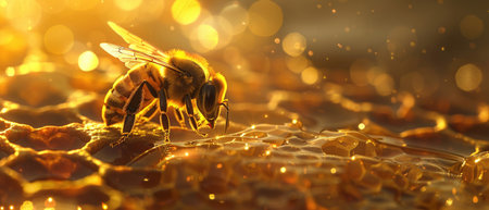 A single honeybee works diligently on honeycomb, bathed in warm golden sunlight.の素材