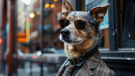 A dog with impeccable style, wearing sunglasses and a suit, exudes urban sophistication on a city street.の素材