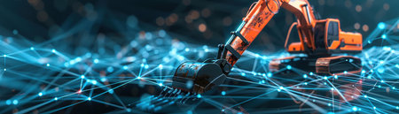 A digital visualization of an excavator over a network grid, symbolizing the integration of construction and technology.の素材