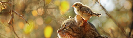 A heartwarming scene of a cat with a small chick perched on its head, depicting an unlikely animal friendship.の素材