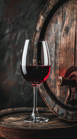 A single glass of red wine beside a rustic wooden barrel on a dark background.の素材
