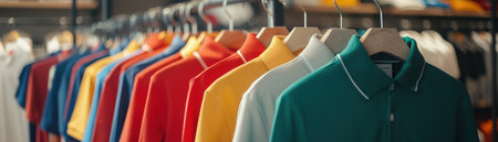 An assortment of colorful polo shirts neatly displayed on hangers in a modern retail store.の素材