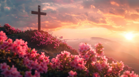 Christian cross standing on a hill surrounded by pink flowers under a glorious sunrise.の素材