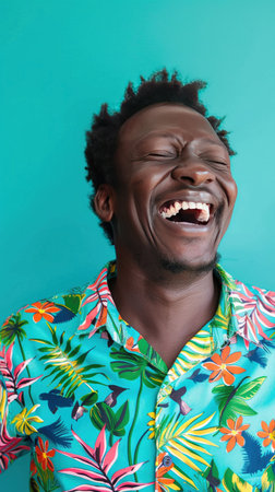 Portrait of a joyful man in a vibrant tropical shirt laughing against a soft blue background.の素材