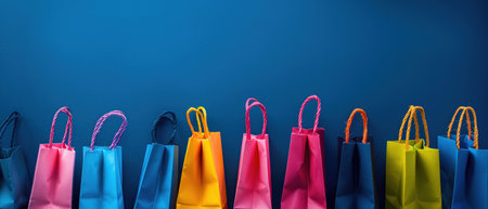 A row of vibrant shopping bags against a deep blue backdrop, symbolizing consumerism and retail.の素材