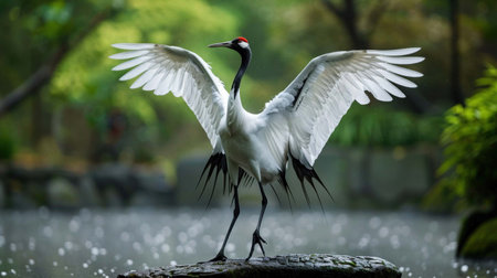 A Japanese crane performing a graceful and elegant dance with its wings spread.の素材