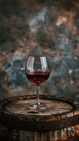 A single glass of red wine beside a rustic wooden barrel on a dark background.の素材