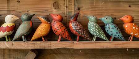 Assorted colorful wooden bird figurines displayed on a shelf, each with unique patterns.の素材