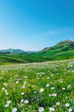 Lush green rolling hills under a clear blue sky dotted with white flowers and serene nature.の素材