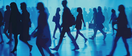 Silhouettes of a crowd of business people in motion in a blue-toned corporate setting.の素材