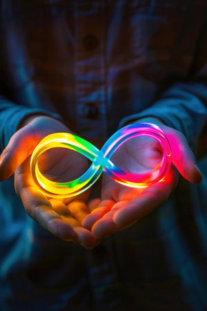 A child's hands carefully holding a glowing rainbow-colored infinity symbol, portraying concepts of endless possibilities and imagination.の素材