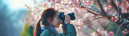 A female photographer takes photos of beautiful cherry blossoms in spring, capturing the essence of the season.の素材