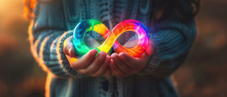 A child's hands carefully holding a glowing rainbow-colored infinity symbol, portraying concepts of endless possibilities and imagination.の素材