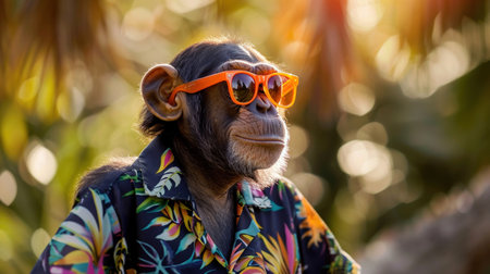 A cool chimpanzee sporting orange sunglasses and a colorful Hawaiian shirt, exuding a laid-back summer vibe.の素材