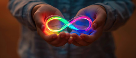 A child's hands carefully holding a glowing rainbow-colored infinity symbol, portraying concepts of endless possibilities and imagination.の素材