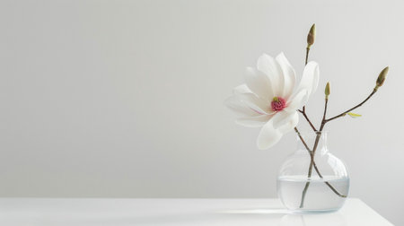 A delicate magnolia flower stands elegantly in a clear glass vase on a white table, creating a minimalist aesthetic.の素材