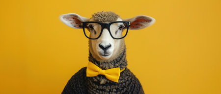 A comical sheep wearing oversized glasses and a yellow bow tie against a bright yellow background, portraying a smart look.の素材