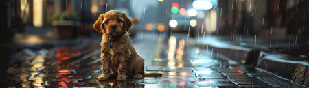 A forlorn wet puppy sitting on a rain-soaked street, with the reflections of city lights adding a melancholic mood.の素材