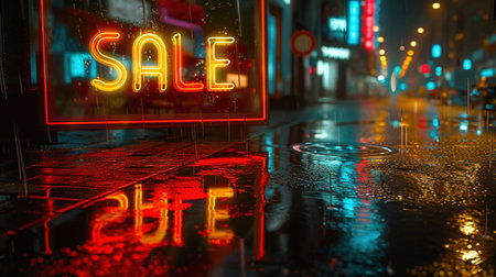 A glowing 'SALE' neon sign reflects on wet pavement, creating a captivating scene on a rainy evening street.の素材
