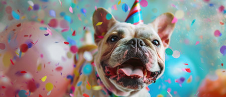 A smiling bulldog wearing a colorful party hat surrounded by flying confetti, epitomizing celebration and joy.の素材