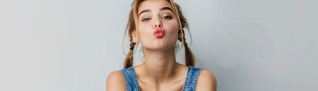 A playful young woman in blue denim overalls pouts with a cute expression against a plain grey background.の素材