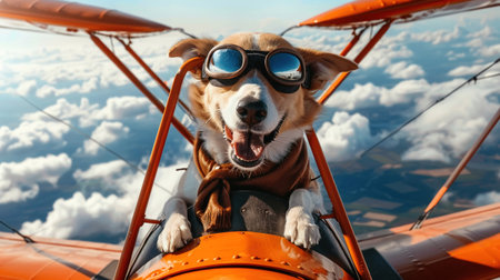 A happy dog dressed as a pilot in goggles and scarf flying a vintage airplane high in the sky amongst the clouds.の素材