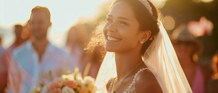 A radiant bride at a beach wedding ceremony, with guests in the background, captures the joy of a destination wedding.の素材