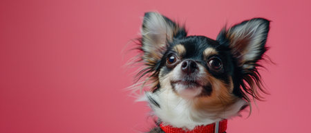 A small Chihuahua mid-dance, looking joyous and playful with a bright red collar against a pink background.の素材