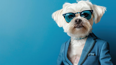 A stylish small white dog donning sunglasses and a blue suit, portraying a humorous and fashionable character.の素材
