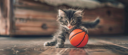 An adorable grey and white kitten playfully interacts with an orange basketball on a wooden floor.の素材