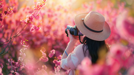 A woman in a straw hat captures the beauty of pink cherry blossoms with her camera in a vibrant spring setting.の素材