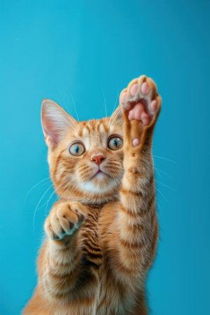 An expressive orange tabby cat with wide eyes and raised paws against a bright blue background.の素材