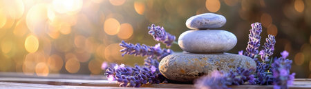 A tranquil arrangement of zen stones and fresh lavender flowers on a wooden surface against a blurred natural backdrop.の素材