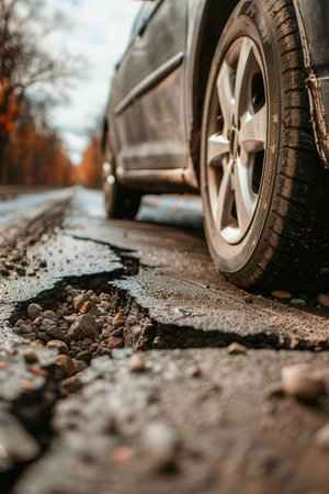 Close-up of a car tire near a dangerous pothole on a worn asphalt road, highlighting infrastructure issues.の素材