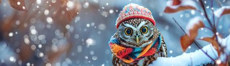 Cute owl with large expressive eyes dressed in a colorful knitted hat and scarf, perching in a snowy setting.の素材