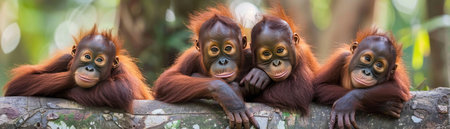 Three young orangutans showing playful expressions while lounging on a log in their natural habitat.の素材
