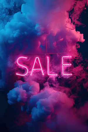 Vivid neon 'SALE' sign surrounded by dramatic smoke, creating a high-impact visual for promotions and discounts.の素材