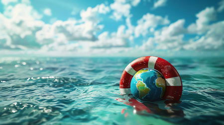 A conceptual image of a lifebuoy in the ocean with a globe depicting environmental protection and rescueの素材