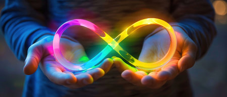 A child's hands carefully holding a glowing rainbow-colored infinity symbol, portraying concepts of endless possibilities and imagination.の素材