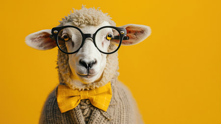 A comical sheep wearing oversized glasses and a yellow bow tie against a bright yellow background, portraying a smart look.の素材