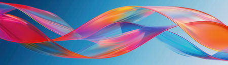 A colorful infinite loop ribbon creates a striking visual on a blue gradient background, symbolizing continuity and fluidity.の素材