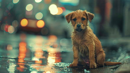 A forlorn wet puppy sitting on a rain-soaked street, with the reflections of city lights adding a melancholic mood.の素材