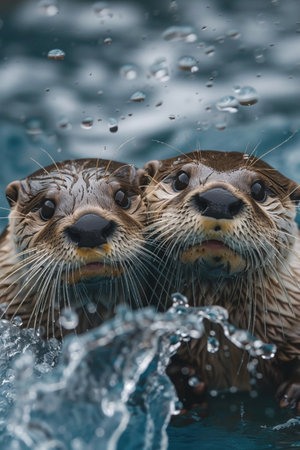A pair of playful otters peek out from rippling water, creating splashes as they frolic in their aquatic environment.の素材