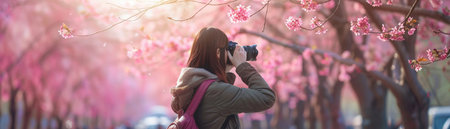 A female photographer takes photos of beautiful cherry blossoms in spring, capturing the essence of the season.の素材