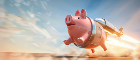 A piggy bank with a jetpack flies through the air, humorously illustrating the concept of rapid financial growth or savings accelerationの素材