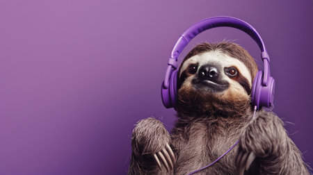 A relaxed sloth enjoying music with purple headphones, matching the playful purple backdrop.の素材