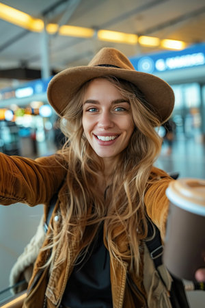 A happy traveler takes a selfie at the airport holding a cup of coffee, capturing the excitement of a new journey.の素材
