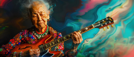 A senior lady in colorful attire playing an electric guitar with passion and energy, set against a dynamic backgroundの素材