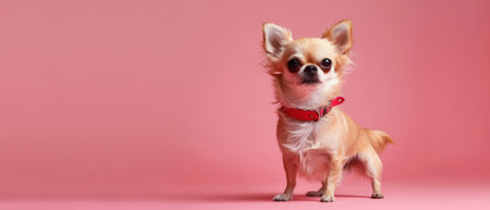 A small Chihuahua mid-dance, looking joyous and playful with a bright red collar against a pink background.の素材
