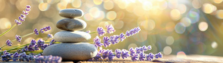 A tranquil arrangement of zen stones and fresh lavender flowers on a wooden surface against a blurred natural backdrop.の素材
